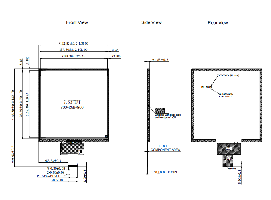 1000nits Square LCD Screen 7.53 Inch Square TFT Display 800*800 1000cd/m2