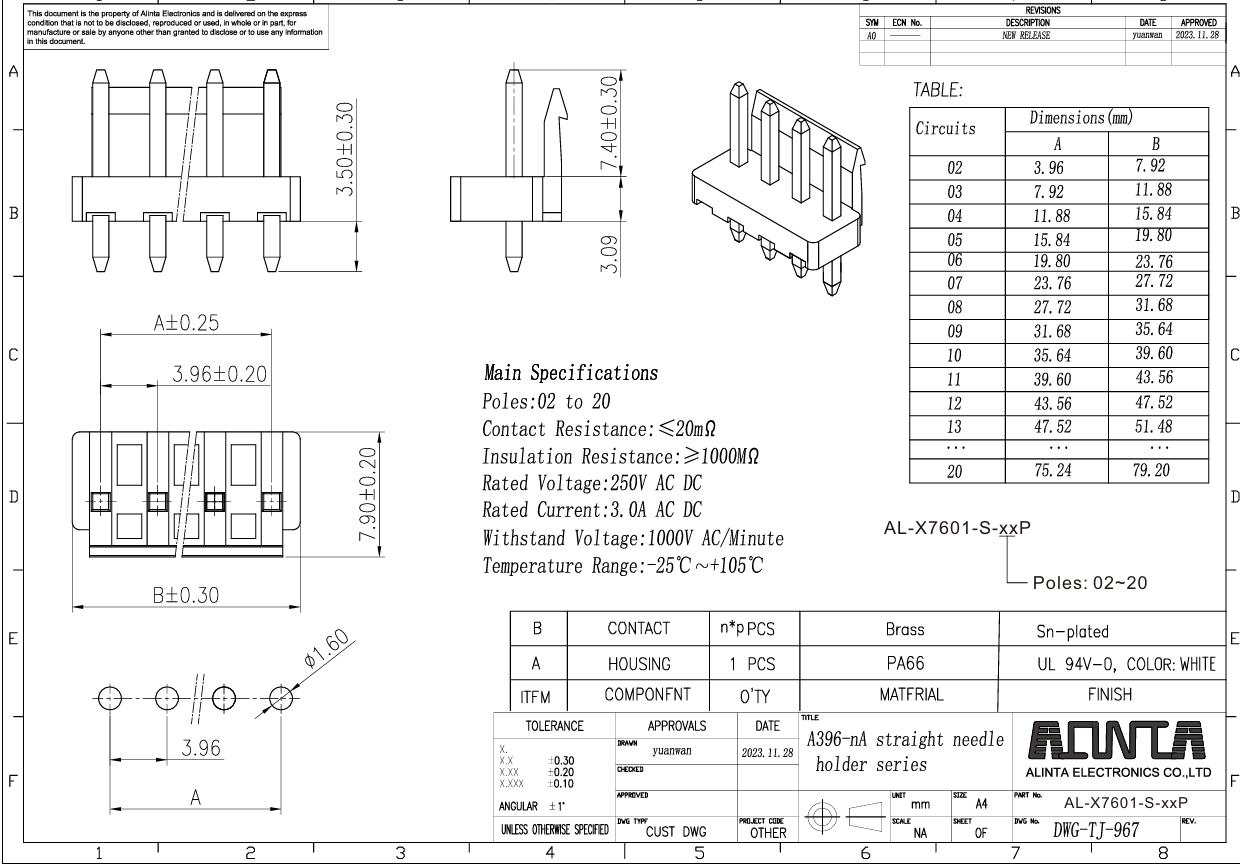 Alinta 3.96 Mm Pitch Connector 3A 250V PCB Wafer Connector Receptacle