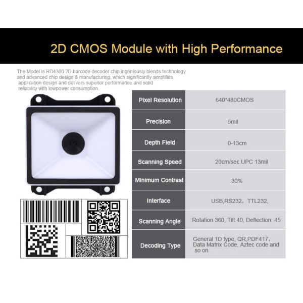 USB TTL232 Fixed Mount Barcode Scanner 1D QR Payment For Kiosk