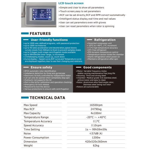 Multi-functional Speed Refrigerated Centrifuge 16500 RPM for 0.2-250ml Tubes/Bottles