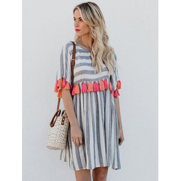 Women Casual Striped Dresses With Color Tassel