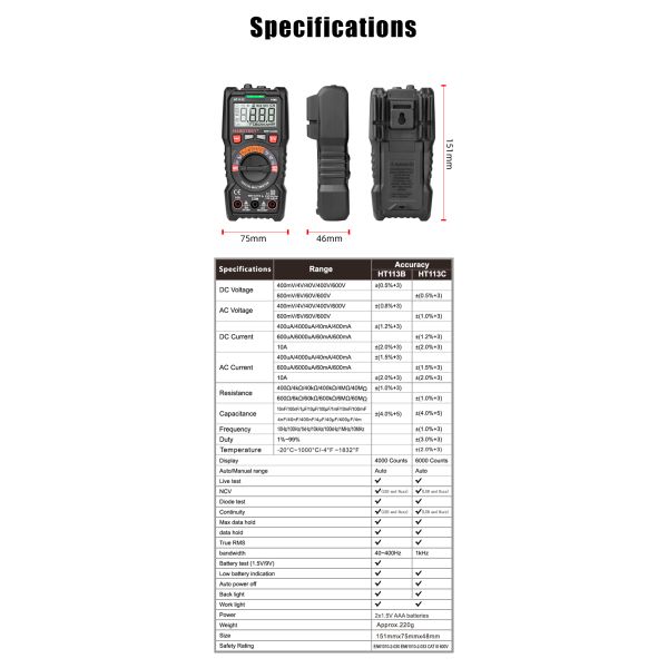 HT113C Small 6000 Counts 600mV Multimeter Accessories