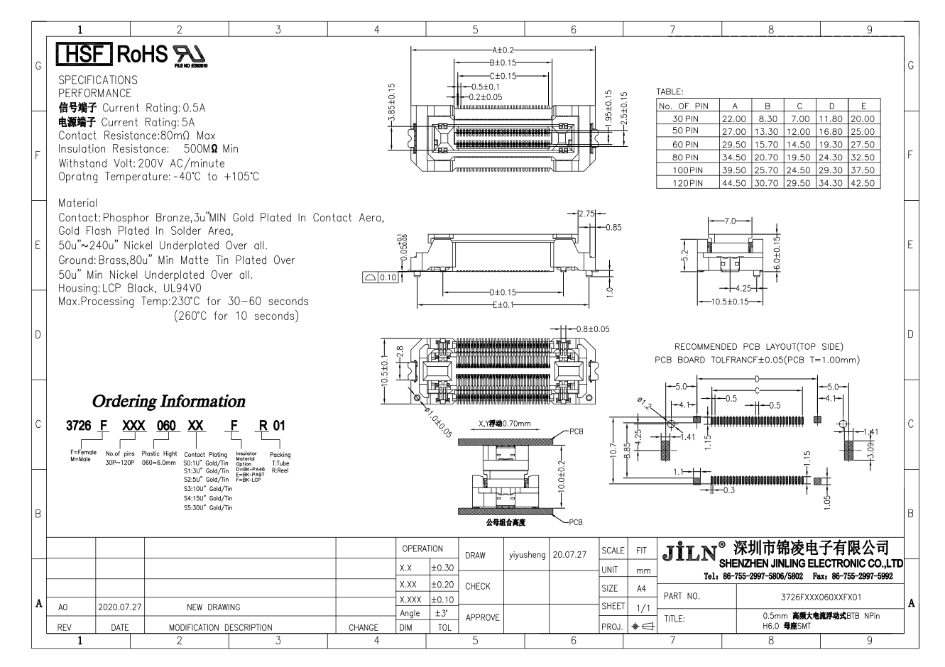 Floating Board To Board Connector Female Header 0.5mm Pitch