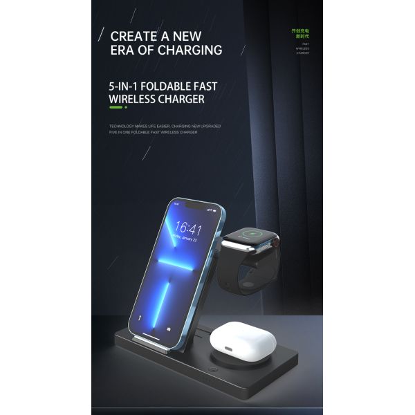 5 In 1 Apple Wireless Charger Foldable Induction Phone Charger Compatible Apple & Android Black and white