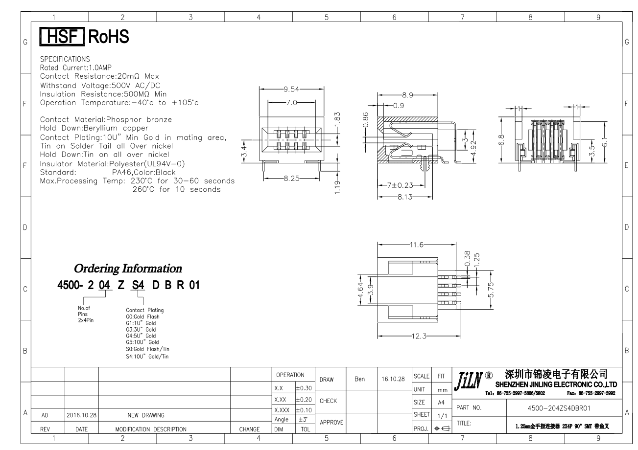 Female Header LCP PS9T 1.25mm Pitch Card Edge Connector