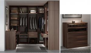 China Custom Furniture Walnut wood Built Walk in Wardrobe Closet with Cloth display racks and Storage Cabinets wholesale