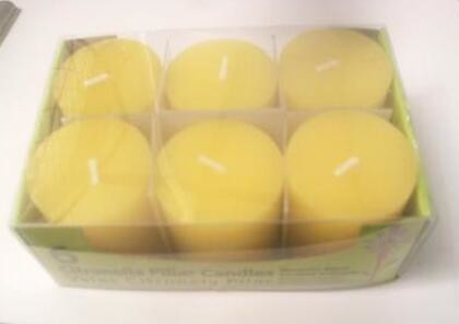 6pk Yellow Citronella scented mini pillar candle with the printed box shrinked